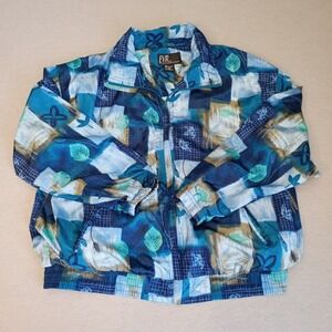 Vintage EVR Windbreaker Zip Up Jacket Blue Abstract Art Design Polyester Sz Med